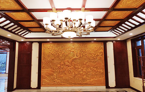大朗镇中式别墅客厅中式木作横梁吊顶装饰展示